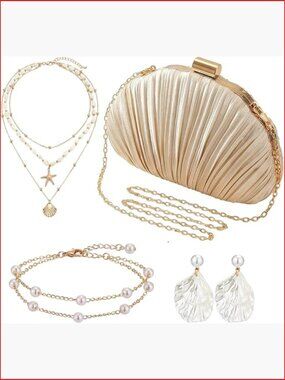 Shell Purse with Seashell Earrings, Necklace, Pearl Bracelet Jewelry Set